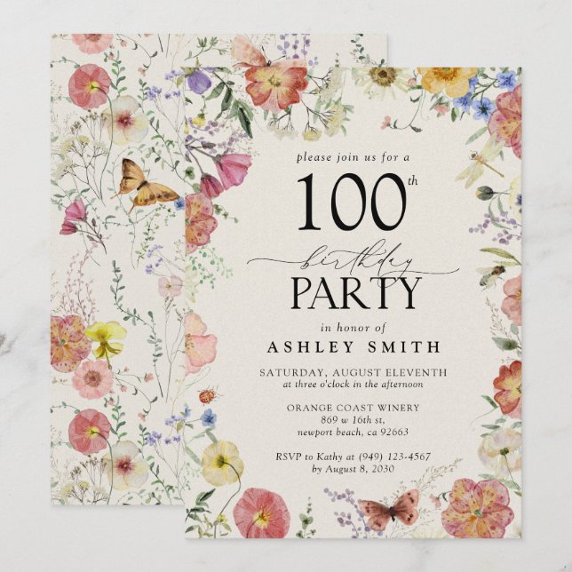 Pressed Flowers 100th Birthday Party Elegant Pink Invitation (Front/Back)