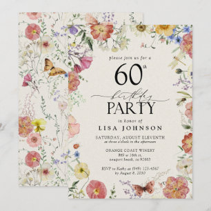 Pressed Flowers 60th Birthday Party Elegant Pink Invitation