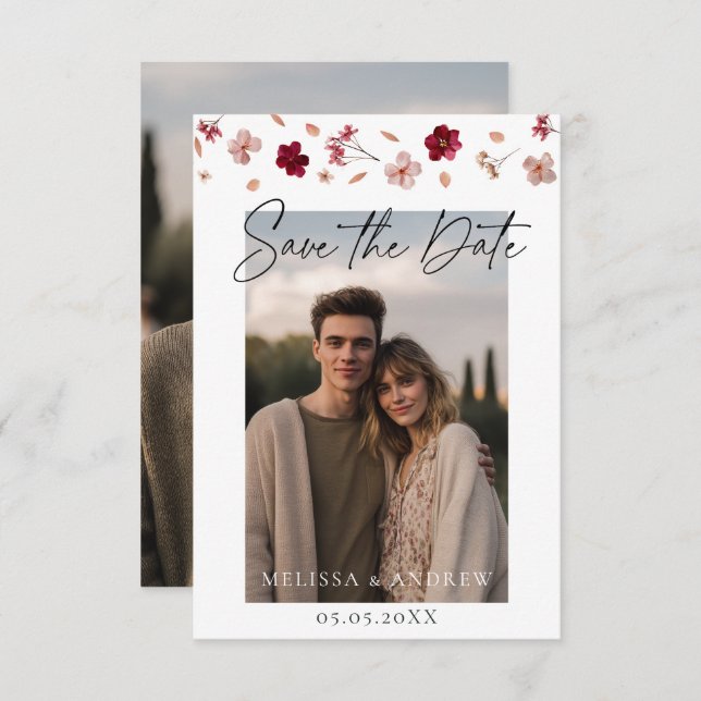 Pressed flowers and photo save the date (Front/Back)