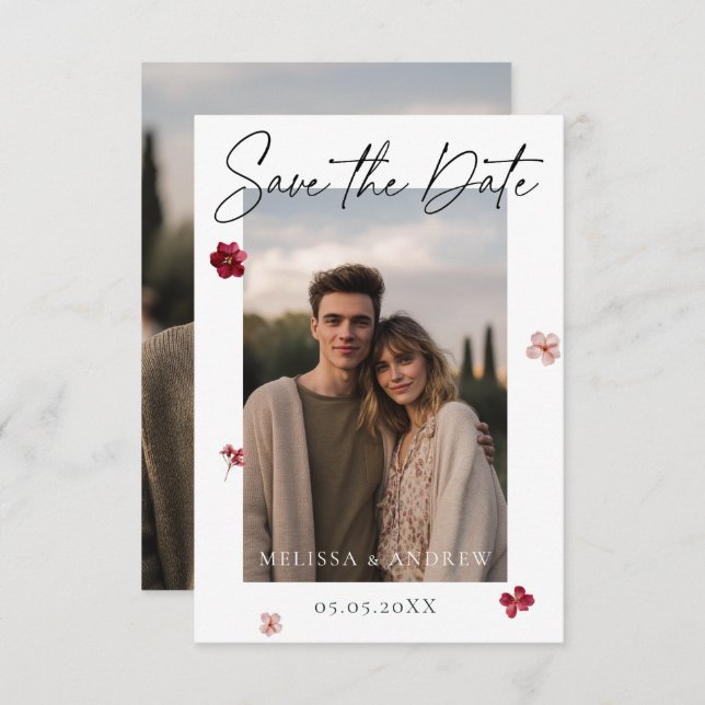 Pressed flowers and photo save the date (Front/Back)