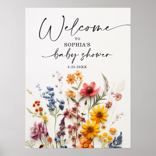 Pressed Flowers Wildflower Baby Shower Welcome Poster (Front)