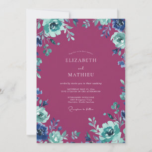 Pressed Magenta Teal Painted Wedding Invitation