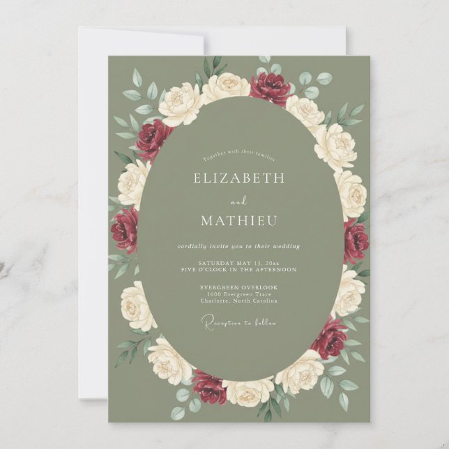 Pressed Olive Maroon Peony Wedding Invitation (Front)