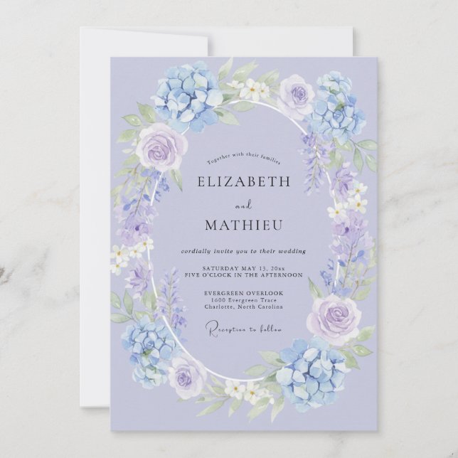 Pressed Periwinkle Hydrangea Wreath Wedding Invitation (Front)