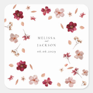 Pressed Red Pink and Cream, floral Wedding design Square Sticker