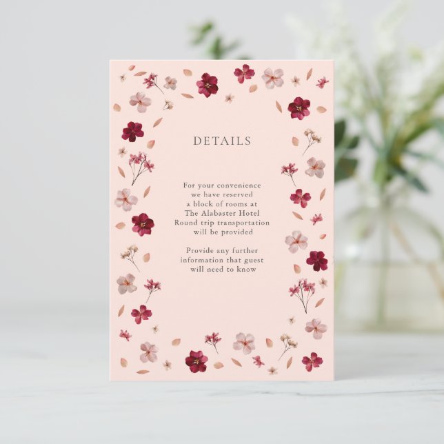 Pressed Red Pink and Cream, floral Wedding Details Enclosure Card (Standing Front)