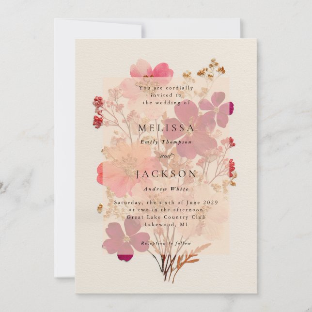 Pressed Red Pink and Cream, floral Wedding Invitat Invitation (Front)