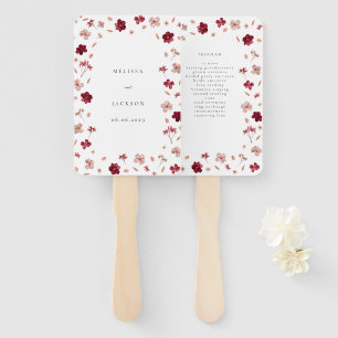 Pressed Red Pink and Cream, floral Wedding program Hand Fan