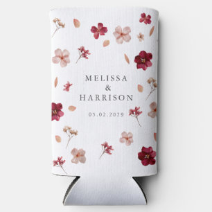 Pressed Red Pink and Cream, floral Wedding Seltzer Can Cooler