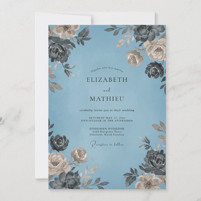 Pressed Slate Azure Petal Wedding Invitation (Front)