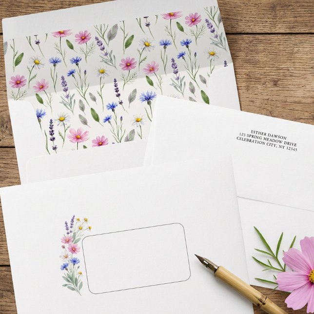 Pressed Wildflower Addressed Wedding Invitation Envelope (Designer invitation envelopes - Pressed Spring Meadow Wildflower Wedding Collection by Darling & May)