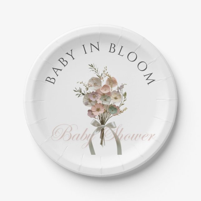 Pressed Wildflower Baby in Bloom Boho Baby Shower Paper Plate (Front)