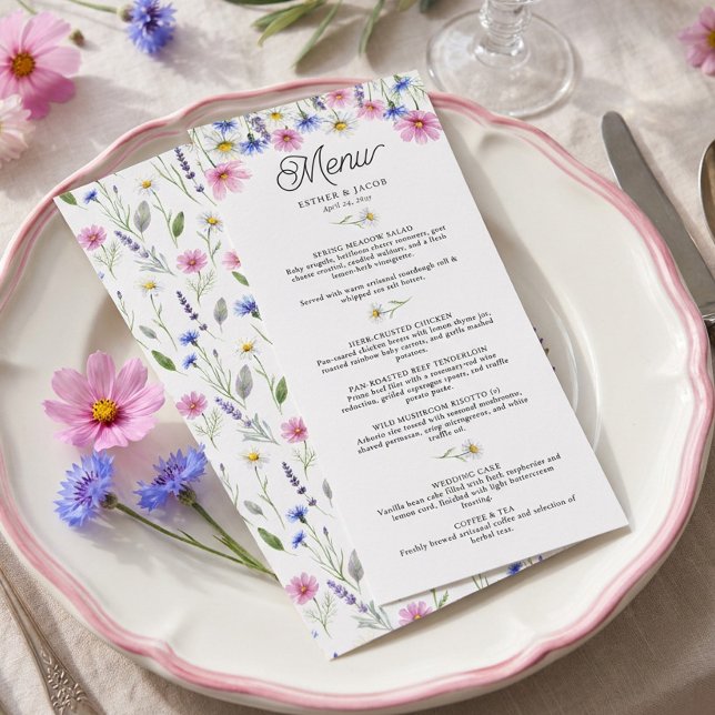 Pressed Wildflower Botanical Wedding Dinner Menu (Menu - Pressed Spring Meadow Wildflower Wedding Collection by Darling & May)