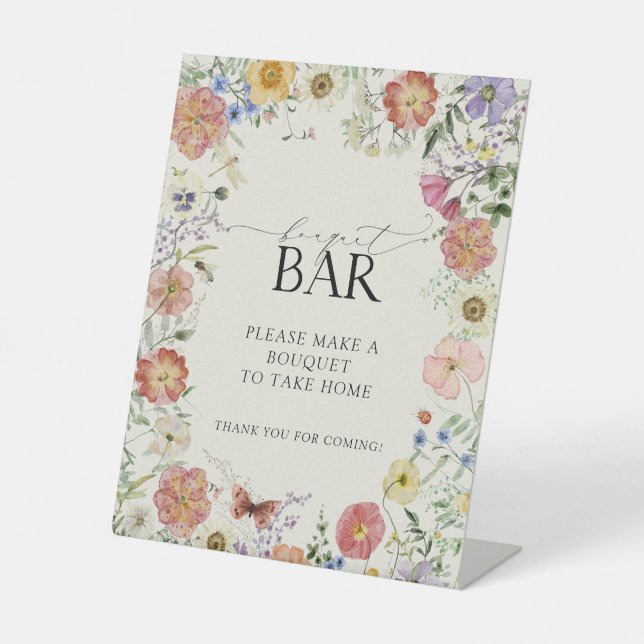 Pressed Wildflower Floral Bridal Shower Bouquet Pedestal Sign (Front)