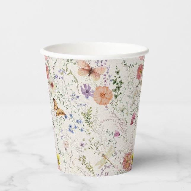 Pressed Wildflower Floral Bridal Shower Paper Cups (Front)