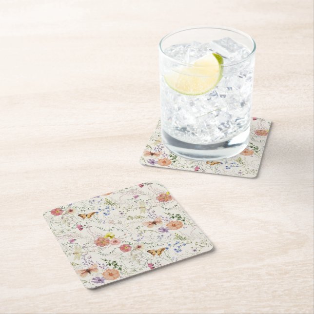 Pressed Wildflower Floral Bridal Shower Square Paper Coaster (Insitu)