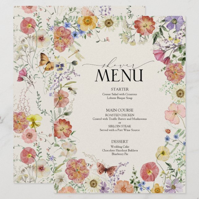 Pressed Wildflower Floral Frame Bridal Shower Menu (Front/Back)