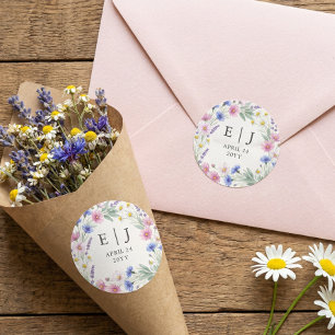 Pressed Wildflower Monogram Wedding Envelope Favou Classic Round Sticker
