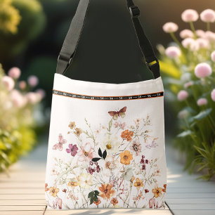 Pressed Wildflowers Beige Cottagecore Monogram Crossbody Bag