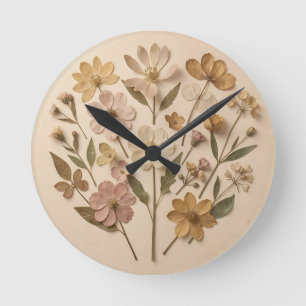 Pressed Wildflowers Botanical Bouquet Vintage Round Clock