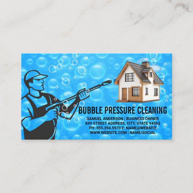 Pressure Cleaning | Worker | Soap Bubbles  Business Card (Front)