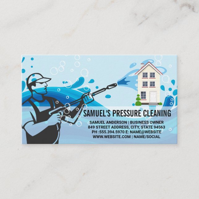 Pressure Cleaning | Worker | Soap Bubbles  Business Card (Front)
