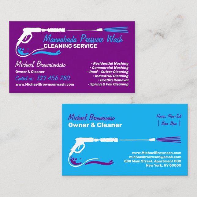 Pressure Washing Black Power Wash blue purple Business Card (Front/Back)