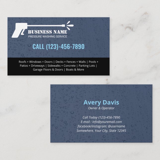 Pressure Washing Power Wash Water Drops Black&Blue Business Card (Front/Back)