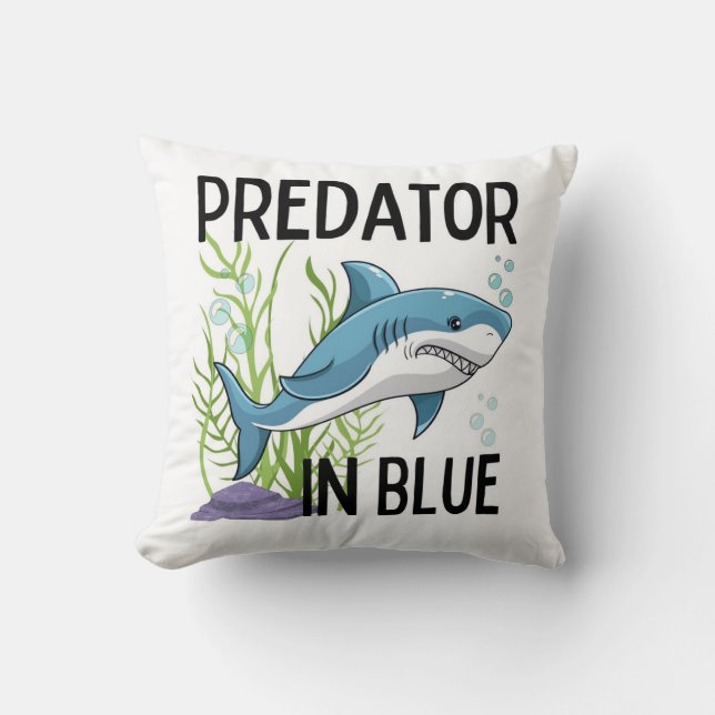pretator in blue , shark, cartoon style cushion (Front)