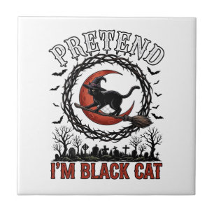 Pretend Black Cat Halloween Witch Hat Red Moon_1 Tile