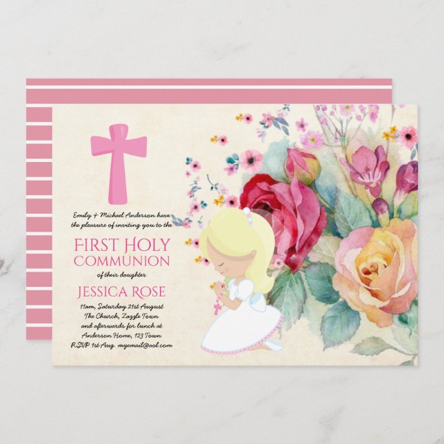 Prettiest First Holy Communion Invites Flowers (Front/Back)
