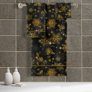 Prettiest Snowflakes Pattern Black/Gold ID846  Bath Towel Set