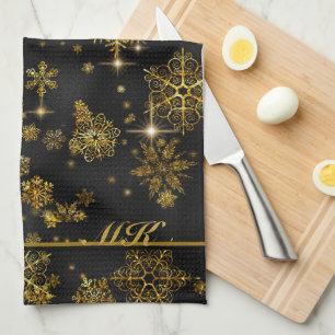 Prettiest Snowflakes Pattern Black/Gold ID846  Tea Towel