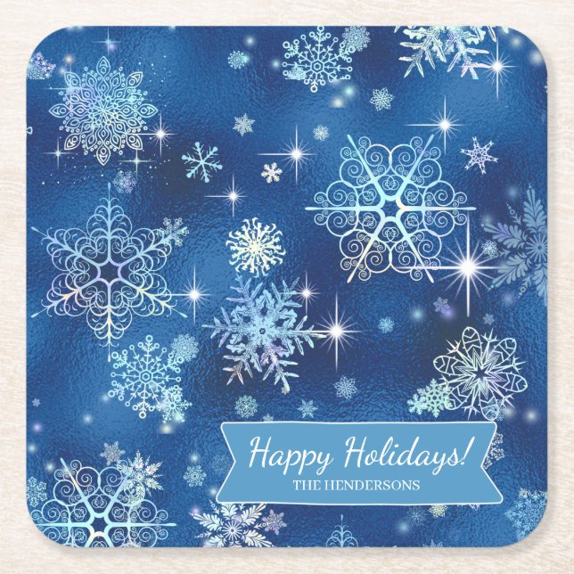 Prettiest Snowflakes Pattern Blue ID846 Square Paper Coaster (Front)