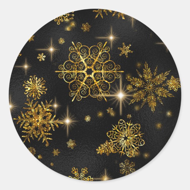 Prettiest Snowflakes Pattern Gold/Black ID846 Classic Round Sticker (Front)