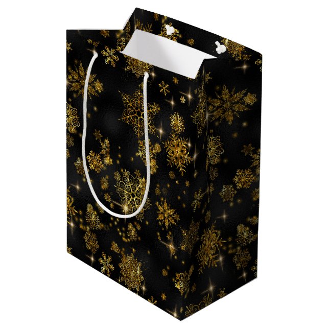 Prettiest Snowflakes Pattern Gold/Black ID846 Medium Gift Bag (Back Angled)