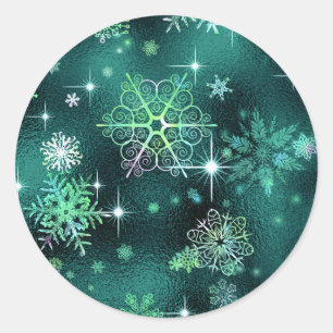 Prettiest Snowflakes Pattern Green ID846 Classic Round Sticker
