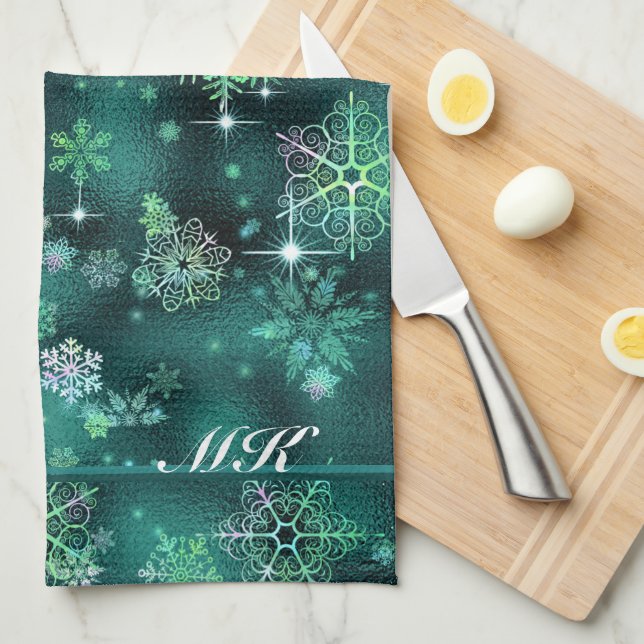 Prettiest Snowflakes Pattern Green ID846 Tea Towel (Quarter Fold)
