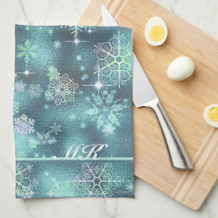 Prettiest Snowflakes Pattern Teal ID846 Tea Towel