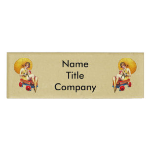 Pretty 1920s Lady in Red Wagon Bathing Suit Tan Name Tag