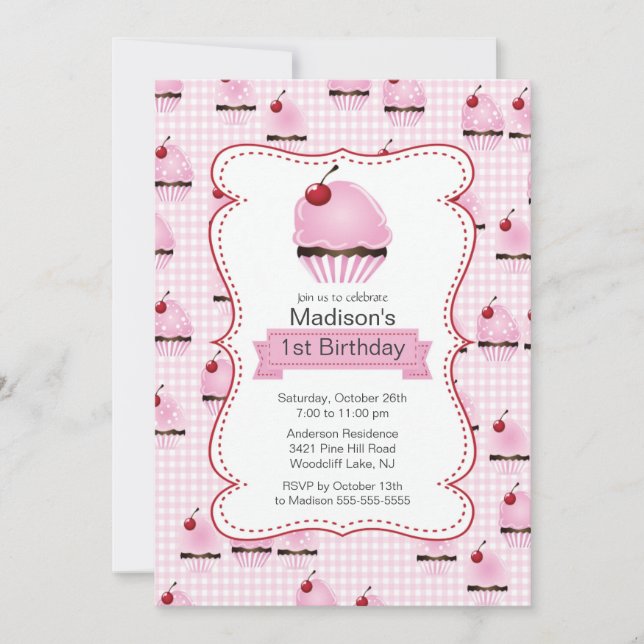 Pretty 1st Birthday Cupcake Birthday Party Invitation (Front)