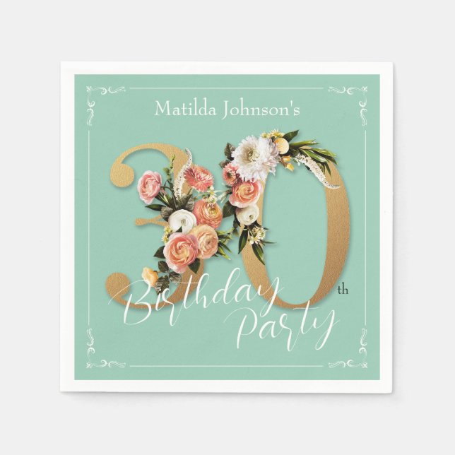 Pretty 30th Birthday Mint Gold Floral Glamourous Napkin (Front)