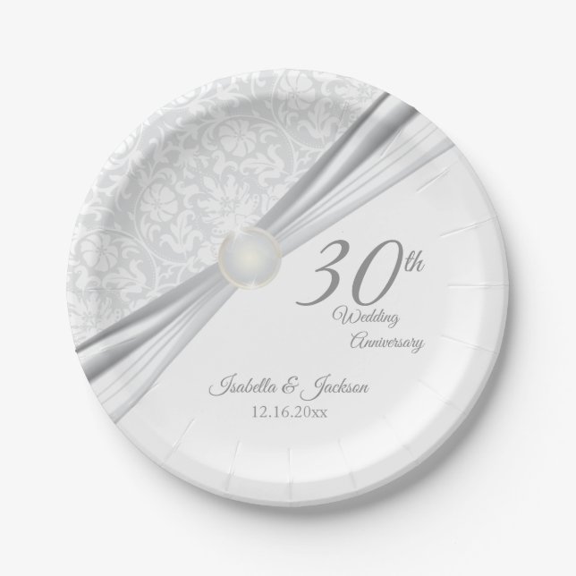 Pretty 30th  Pearl Wedding Anniversary Design Paper Plate (Front)