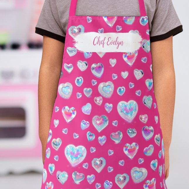 Pretty 3D Sparkly Crystal Gemstone Hearts on Pink Apron (Creator Uploaded)