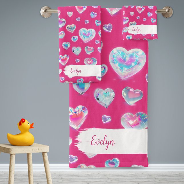 Pretty 3D Sparkly Crystal Gemstone Hearts on Pink Bath Towel Set (Creator Uploaded)