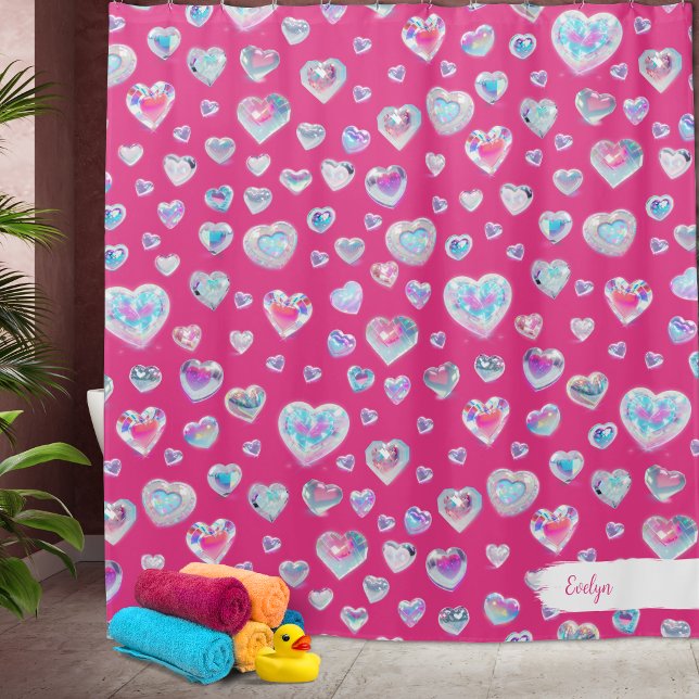 Pretty 3D Sparkly Crystal Gemstone Hearts on Pink Shower Curtain (Creator Uploaded)