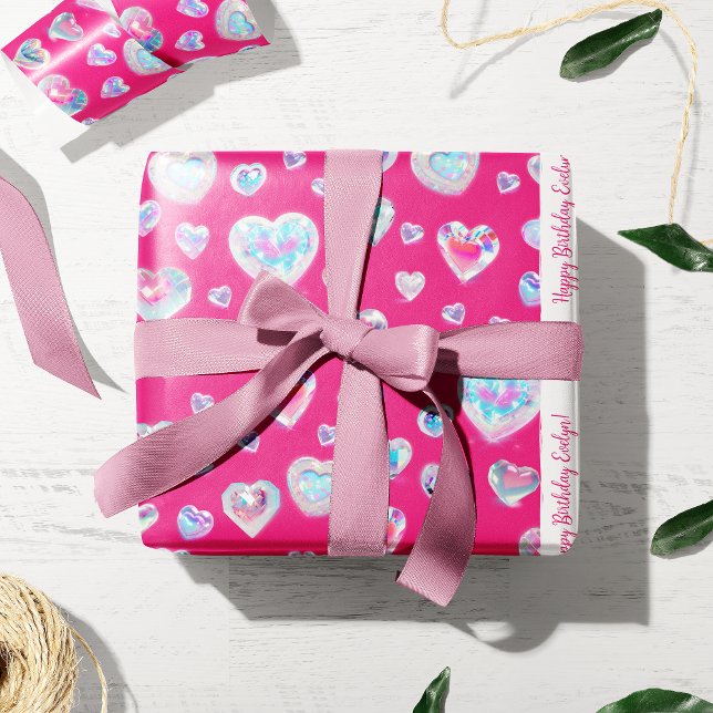 Pretty 3D Sparkly Crystal Gemstone Hearts on Pink Wrapping Paper (Creator Uploaded)