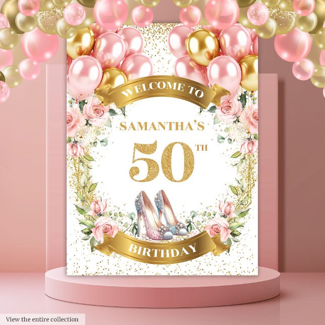 Pretty 50th Birthday Pink Heels Boho Party Banner Tapestry (Pretty 50th Birthday Pink Heels Boho Party Banner Tapestry )