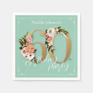 Pretty 60th Birthday Mint Gold Floral Glamourous Napkin