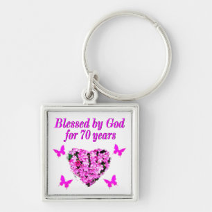 PRETTY 70TH PINK FLORAL BIRTHDAY DESIGN KEY RING